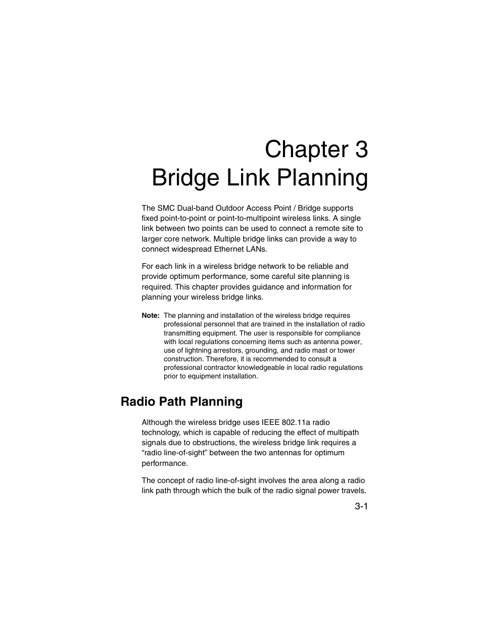 Chapter 3 bridge link planning, Radio path planning, Bridge link planning -1 | Radio path planning -1 | SMC Networks ElliteConnect 2.4GHz/5GHz User Manual | Page 45 / 322