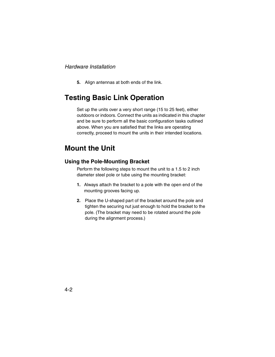 Testing basic link operation, Mount the unit, Using the pole-mounting bracket | Testing basic link operation -2 mount the unit -2, Using the pole-mounting bracket -2 | SMC Networks ElliteConnect 2.4GHz/5GHz User Manual | Page 54 / 322