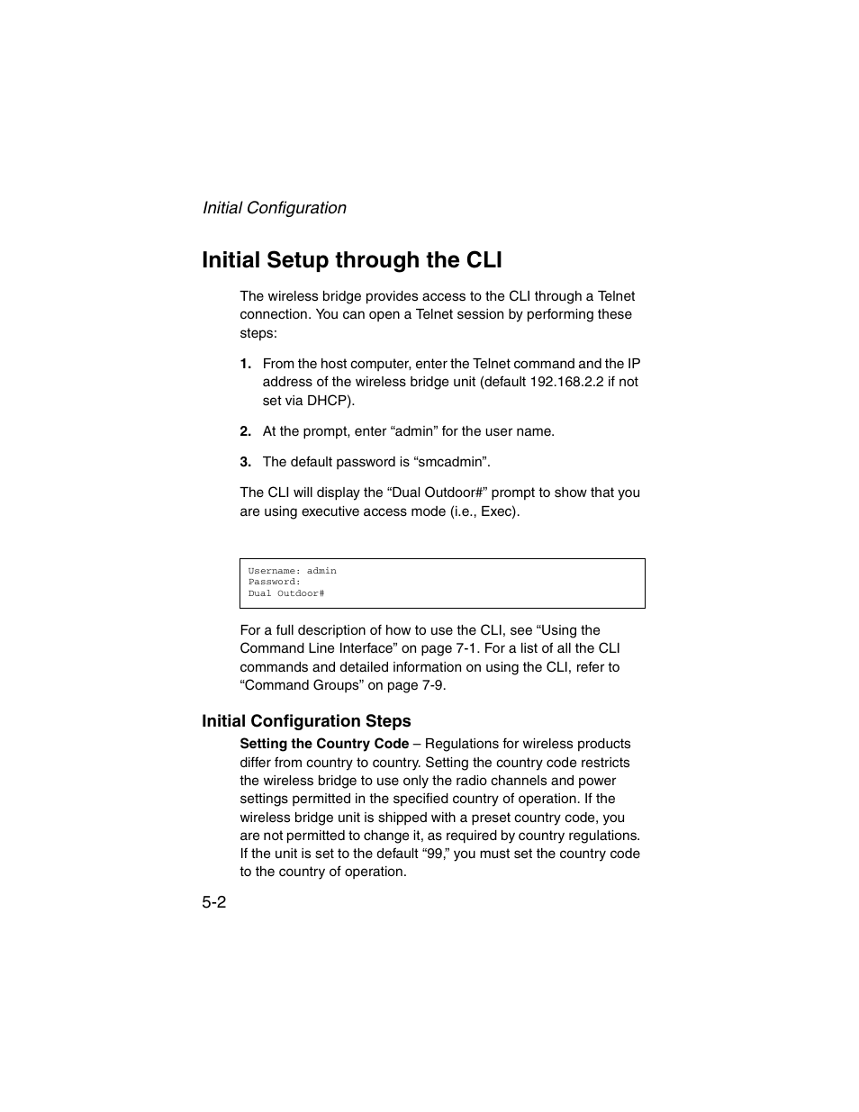 Initial setup through the cli, Initial configuration steps, Initial setup through the cli -2 | Initial configuration steps -2 | SMC Networks ElliteConnect 2.4GHz/5GHz User Manual | Page 66 / 322