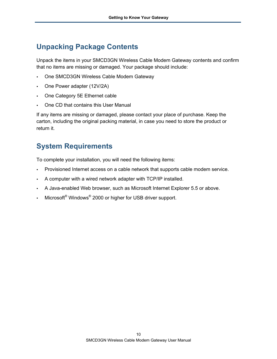 Unpacking package contents, System requirements | SMC Networks SMCD3GN User Manual | Page 10 / 72