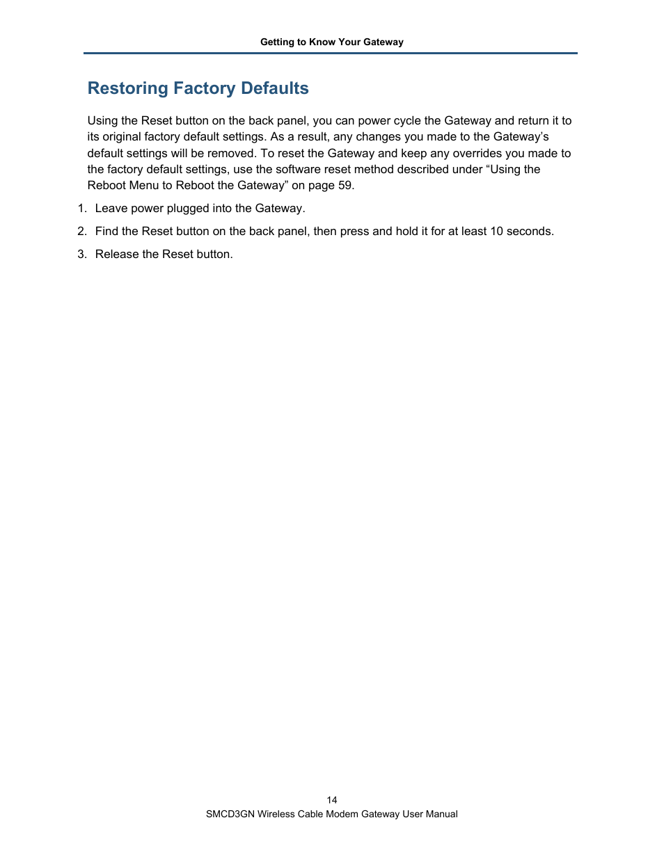 Restoring factory defaults, Ee “restoring factory, Defaults | SMC Networks SMCD3GN User Manual | Page 14 / 72