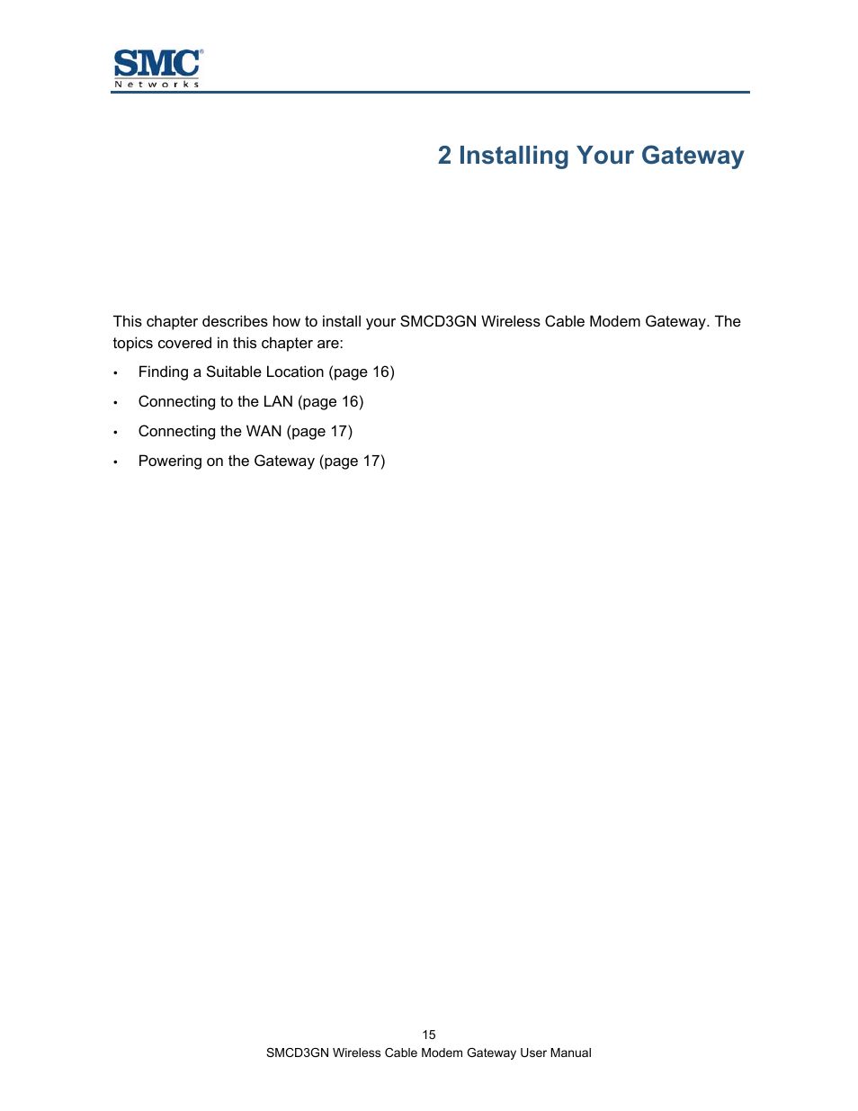 2 installing your gateway, Chapter | SMC Networks SMCD3GN User Manual | Page 15 / 72