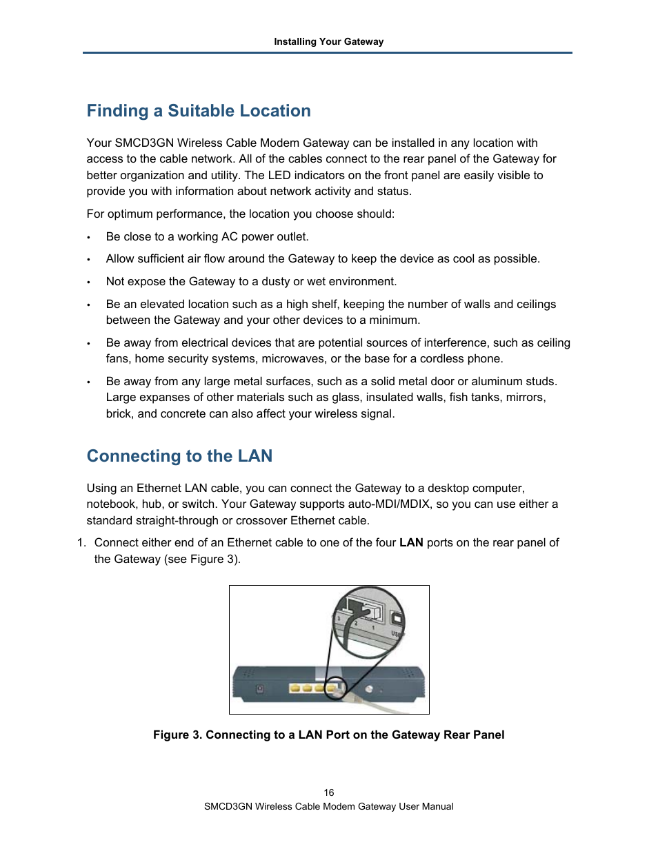 Finding a suitable location, Connecting to the lan | SMC Networks SMCD3GN User Manual | Page 16 / 72