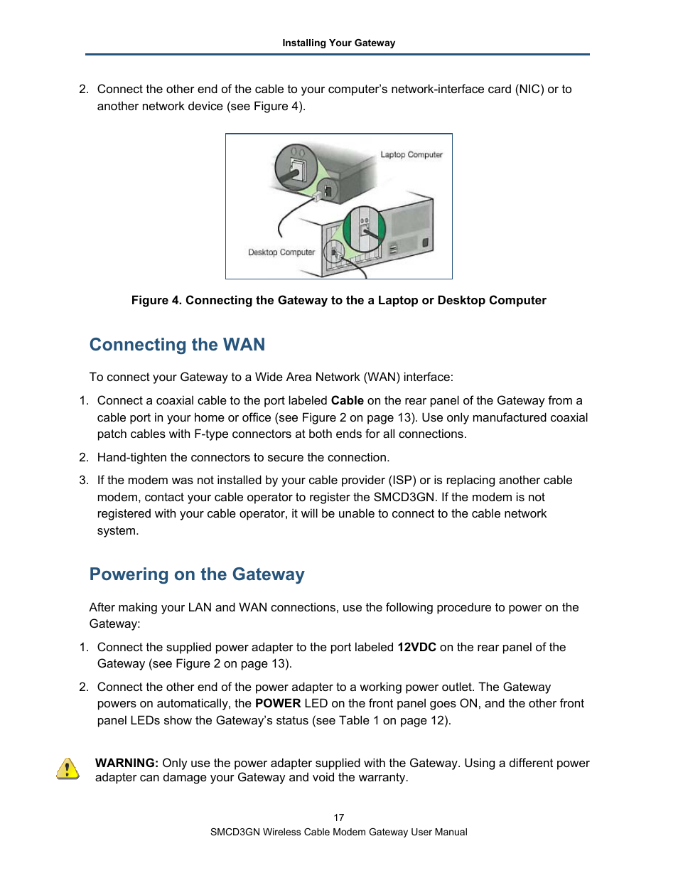 Connecting the wan, Powering on the gateway | SMC Networks SMCD3GN User Manual | Page 17 / 72