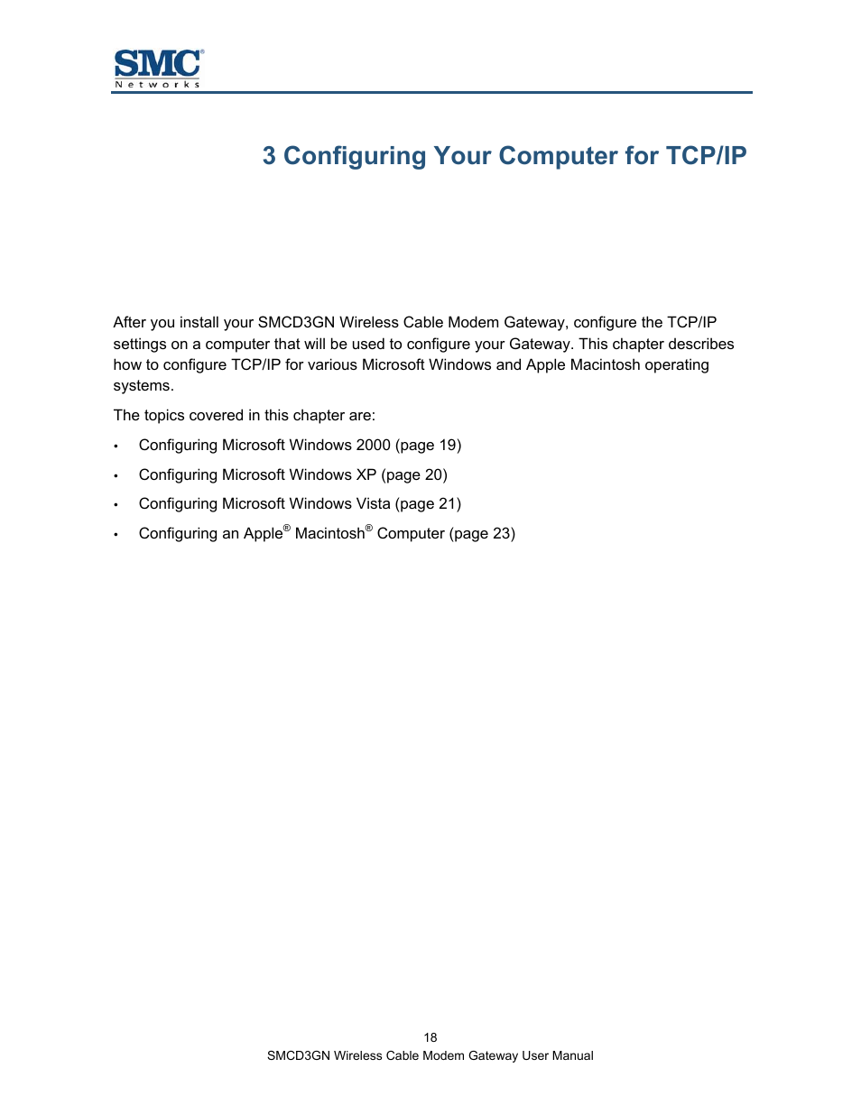 3 configuring your computer for tcp/ip, Chapter | SMC Networks SMCD3GN User Manual | Page 18 / 72