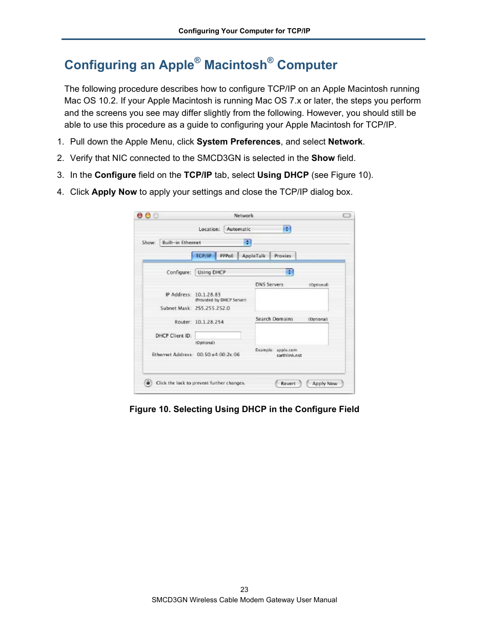 Configuring an apple® macintosh® computer, Configuring an apple, Macintosh | Computer | SMC Networks SMCD3GN User Manual | Page 23 / 72