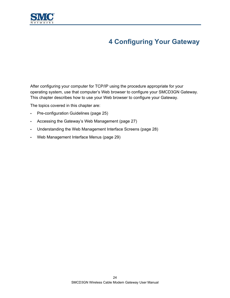 4 configuring your gateway, Chapter | SMC Networks SMCD3GN User Manual | Page 24 / 72