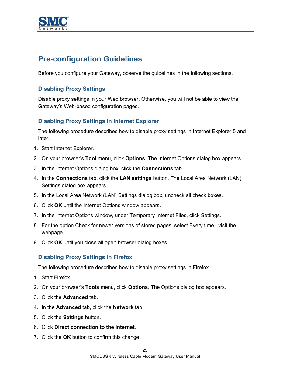 Pre-configuration guidelines, Disabling proxy settings, Disabling proxy settings in internet explorer | Disabling proxy settings in firefox | SMC Networks SMCD3GN User Manual | Page 25 / 72