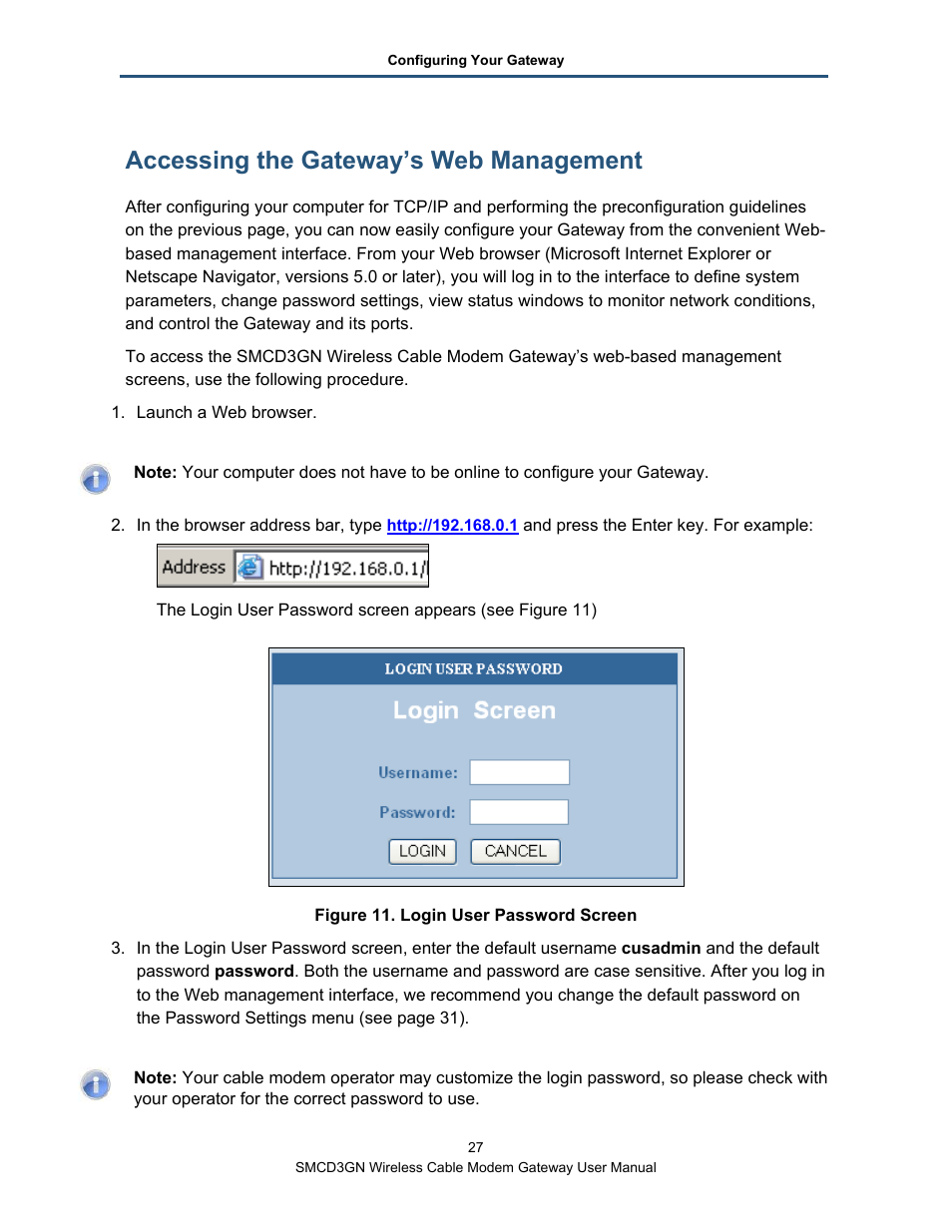 Accessing the gateway’s web management | SMC Networks SMCD3GN User Manual | Page 27 / 72