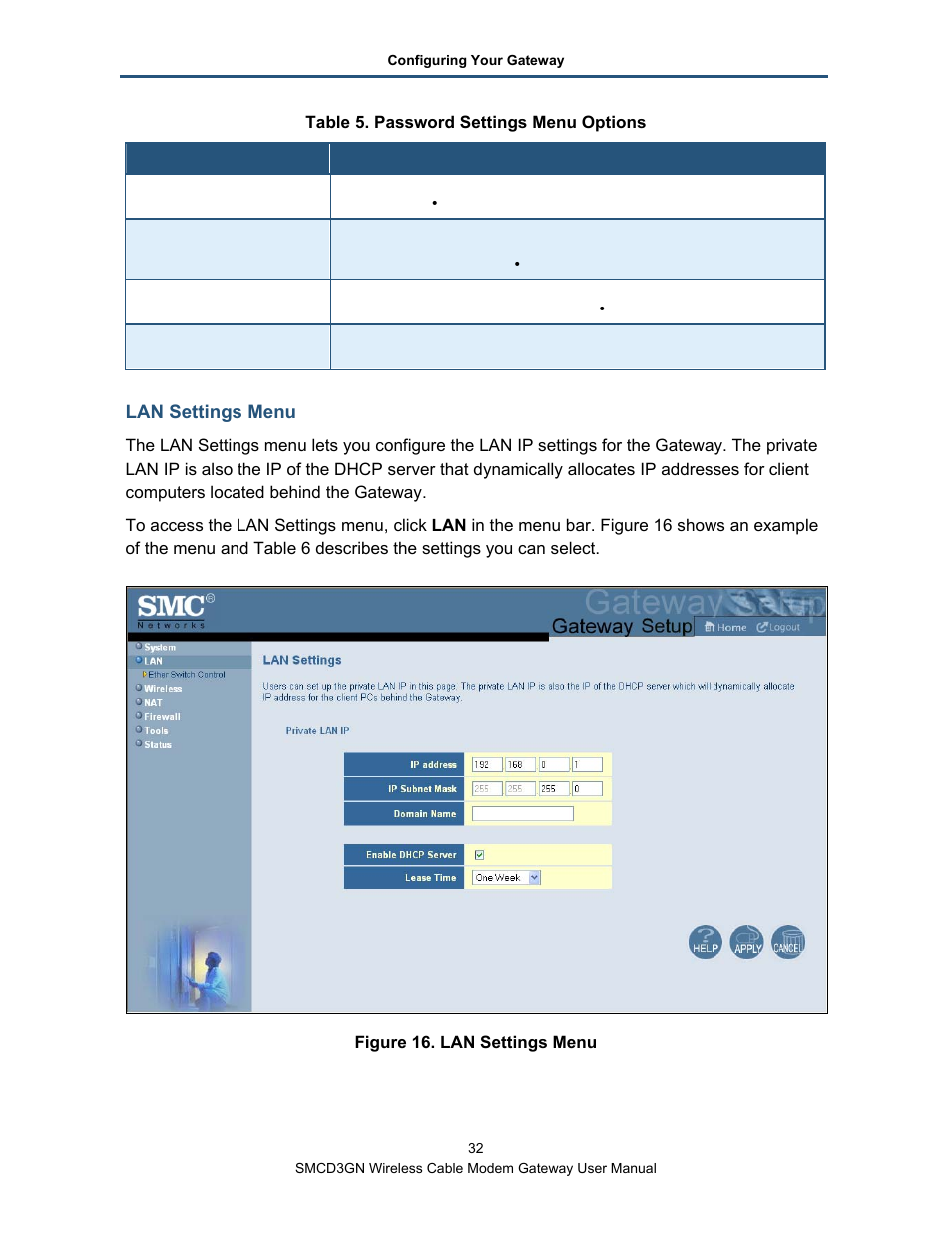 Lan settings menu | SMC Networks SMCD3GN User Manual | Page 32 / 72