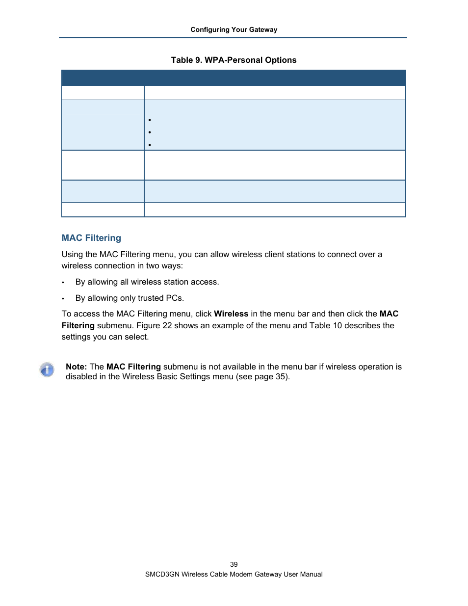 Mac filtering, Table 9 | SMC Networks SMCD3GN User Manual | Page 39 / 72