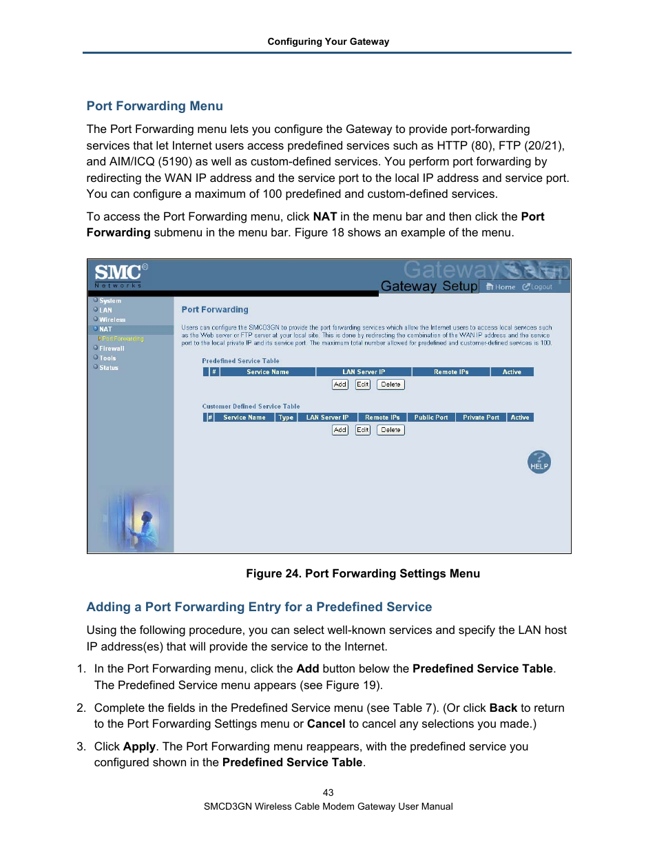 Port forwarding menu | SMC Networks SMCD3GN User Manual | Page 43 / 72