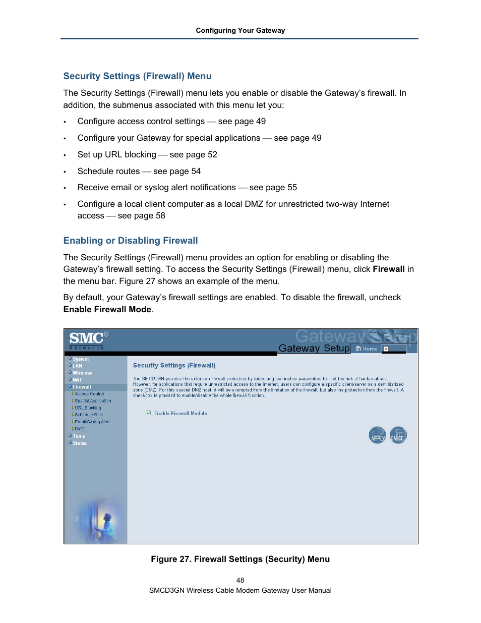 Security settings (firewall) menu, Enabling or disabling firewall | SMC Networks SMCD3GN User Manual | Page 48 / 72