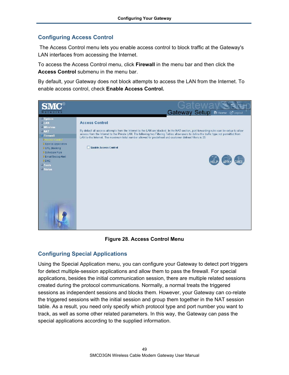 Configuring access control, Configuring special applications | SMC Networks SMCD3GN User Manual | Page 49 / 72