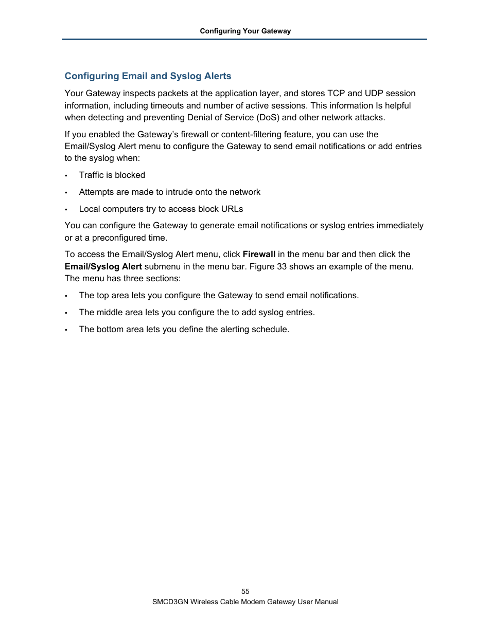 Configuring email and syslog alerts | SMC Networks SMCD3GN User Manual | Page 55 / 72