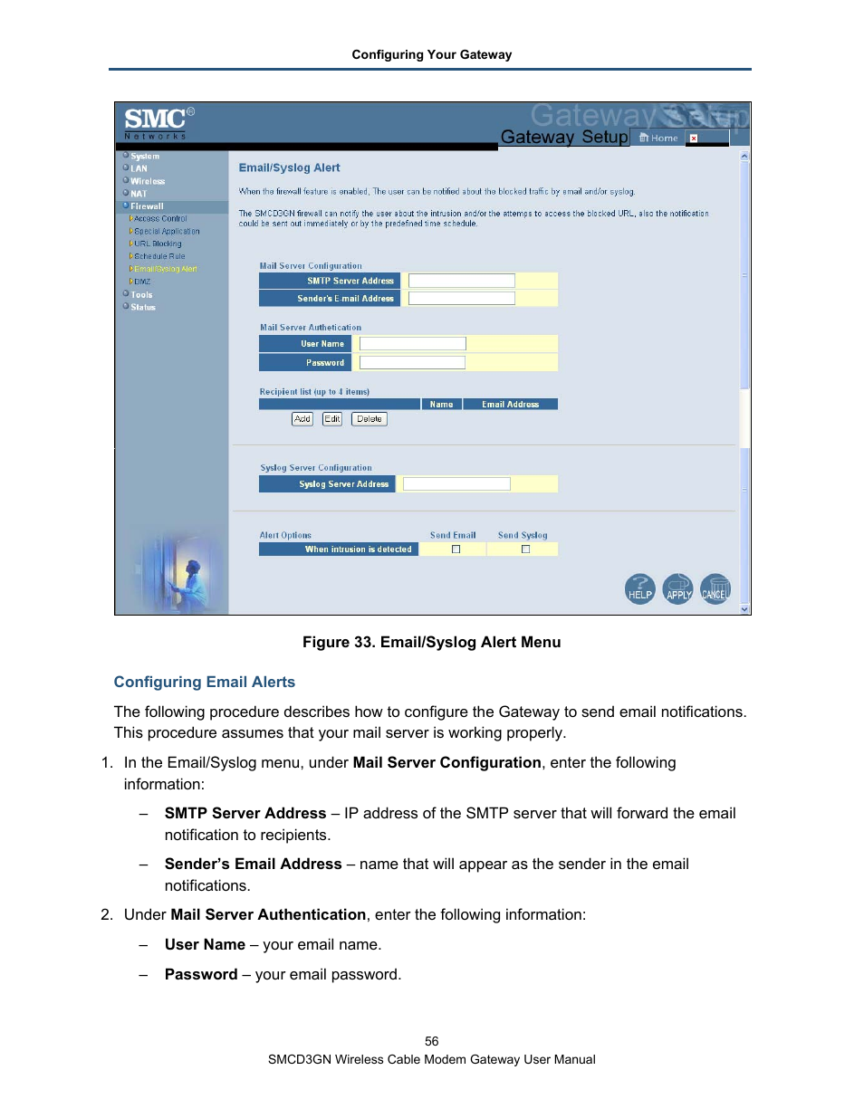 Configuring email alerts | SMC Networks SMCD3GN User Manual | Page 56 / 72