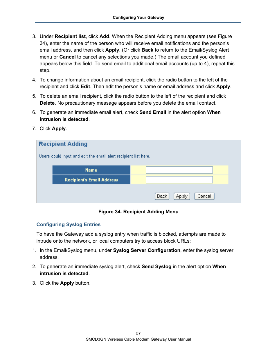 Configuring syslog entries | SMC Networks SMCD3GN User Manual | Page 57 / 72