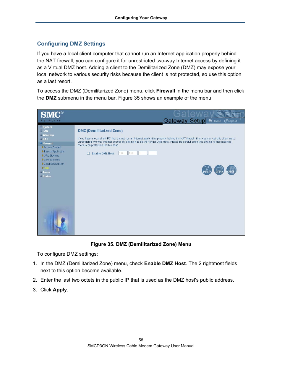 Configuring dmz settings | SMC Networks SMCD3GN User Manual | Page 58 / 72