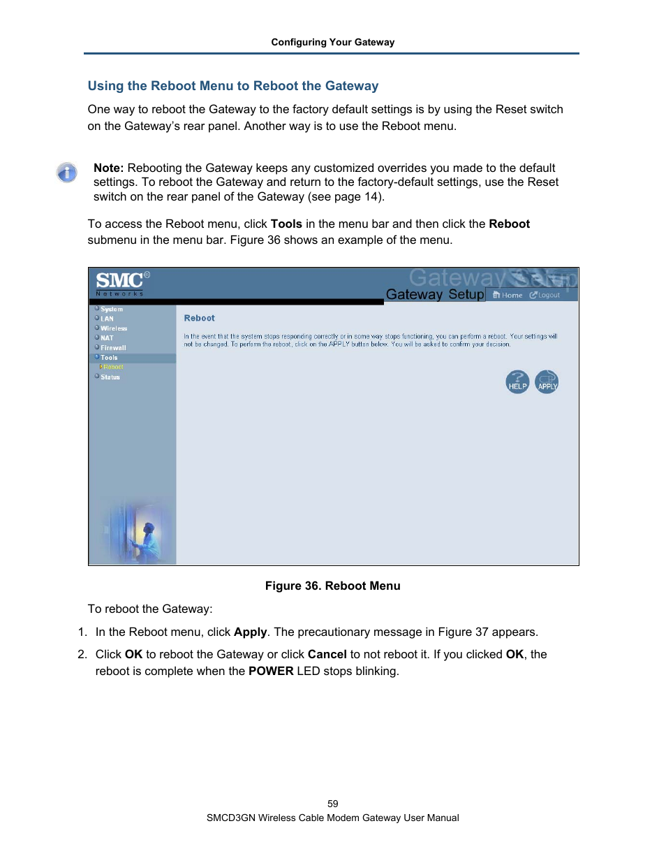 Using the reboot menu to reboot the gateway | SMC Networks SMCD3GN User Manual | Page 59 / 72