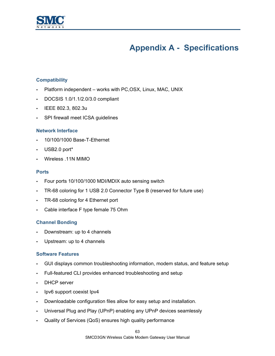 Appendix a - specifications, Compatibility, Network interface | Ports, Channel bonding, Software features, Appendix a | SMC Networks SMCD3GN User Manual | Page 63 / 72