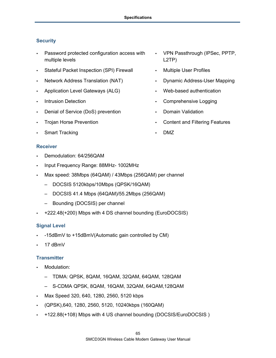 Security, Receiver, Signal level | Transmitter | SMC Networks SMCD3GN User Manual | Page 65 / 72