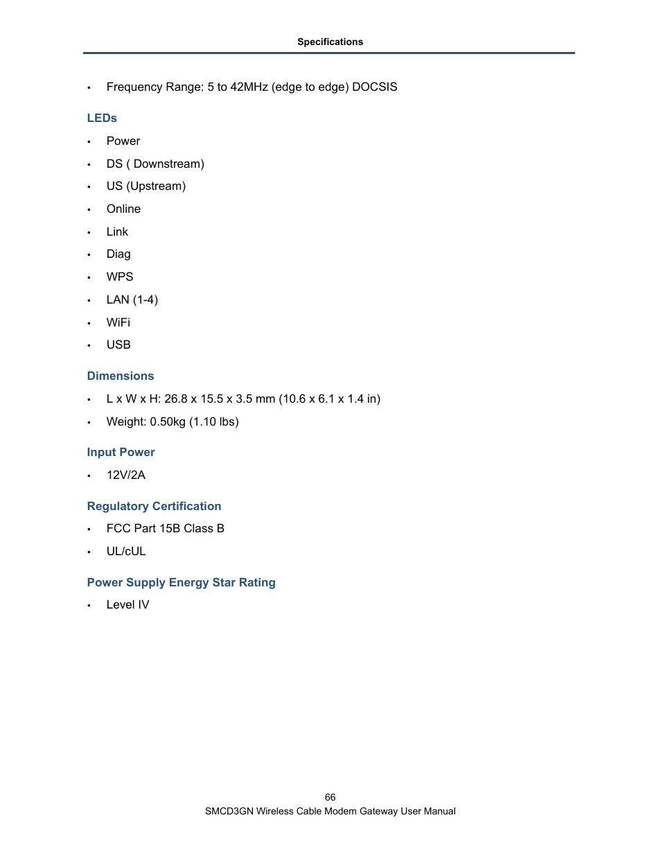 Leds, Dimensions, Input power | Regulatory certification, Power supply energy star rating | SMC Networks SMCD3GN User Manual | Page 66 / 72
