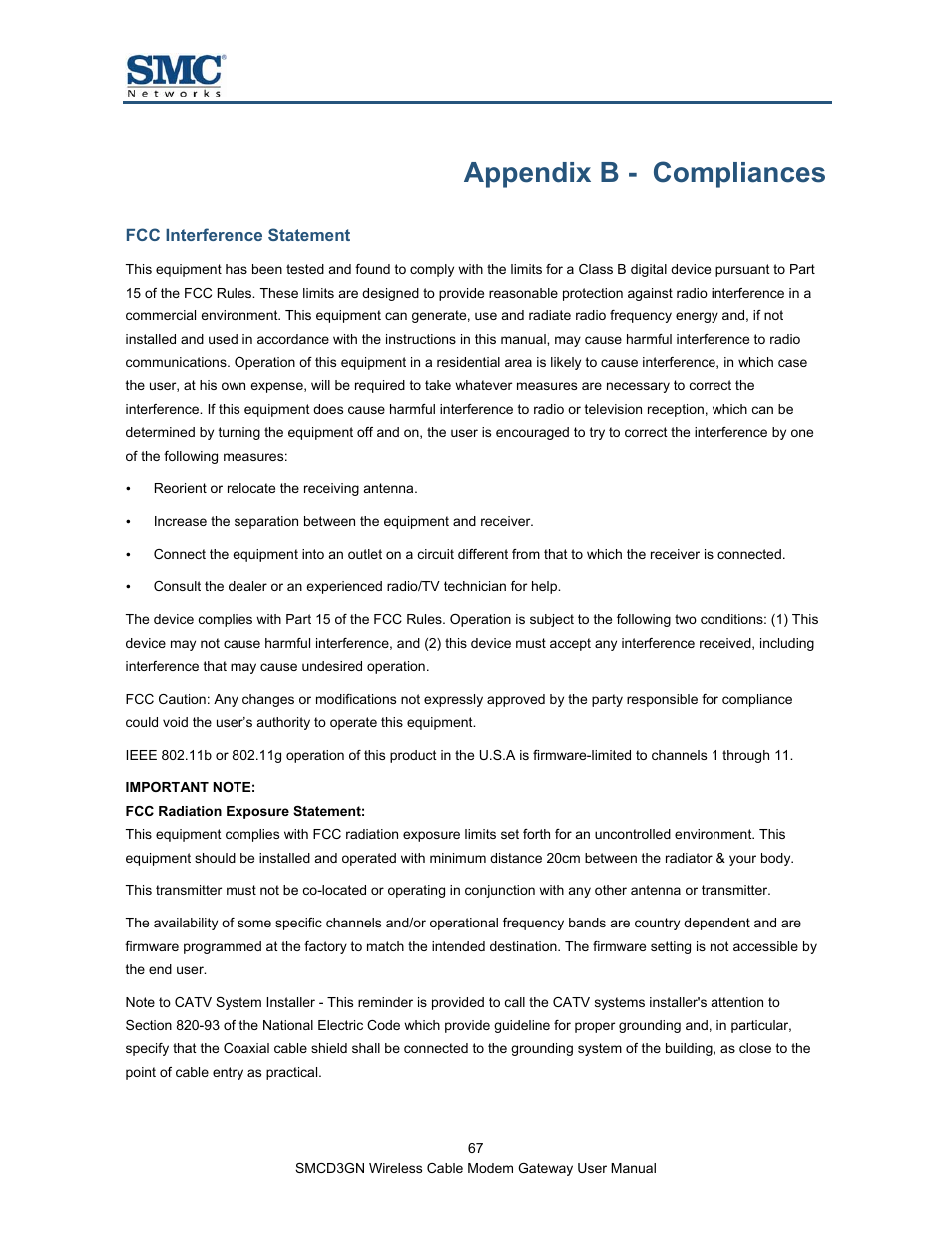 Appendix b - compliances, Fcc interference statement, Appendix b | SMC Networks SMCD3GN User Manual | Page 67 / 72