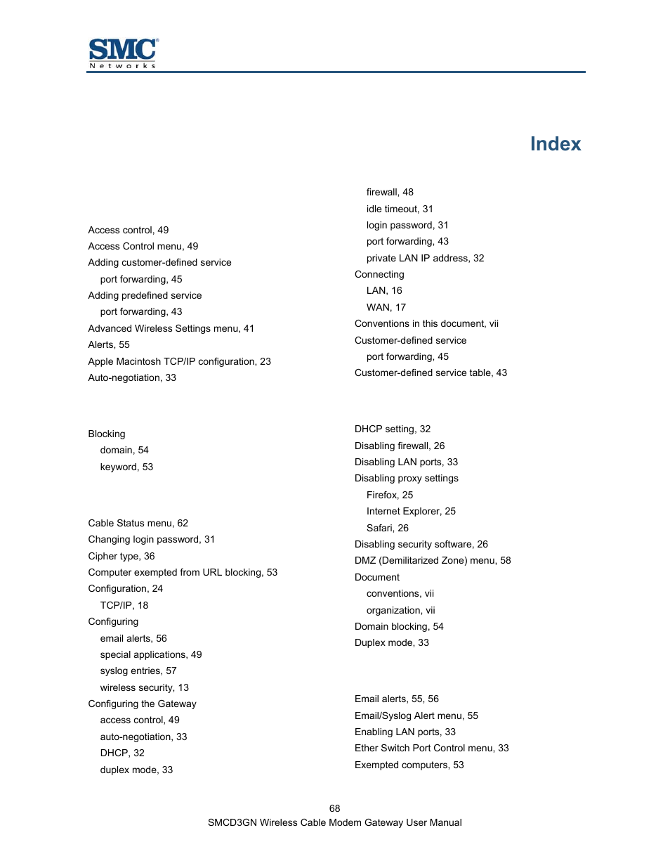 Index | SMC Networks SMCD3GN User Manual | Page 68 / 72