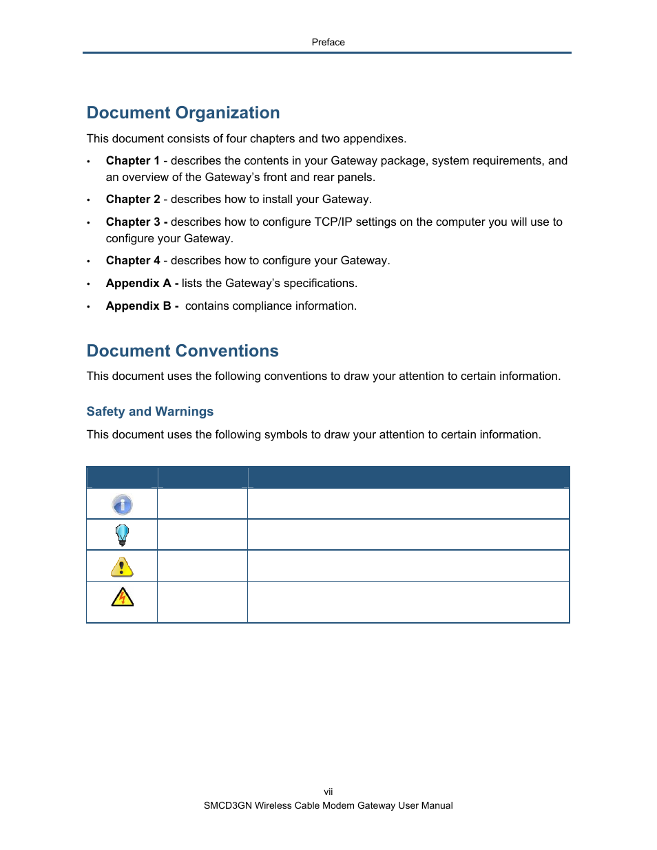 Safety and warnings, Document organization, Document conventions | SMC Networks SMCD3GN User Manual | Page 7 / 72