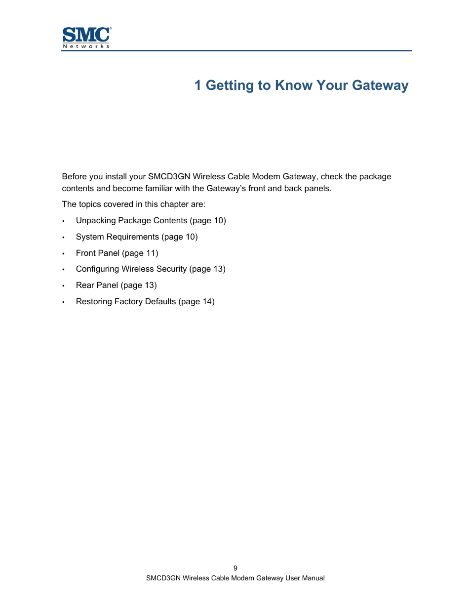 1 getting to know your gateway, Chapter | SMC Networks SMCD3GN User Manual | Page 9 / 72