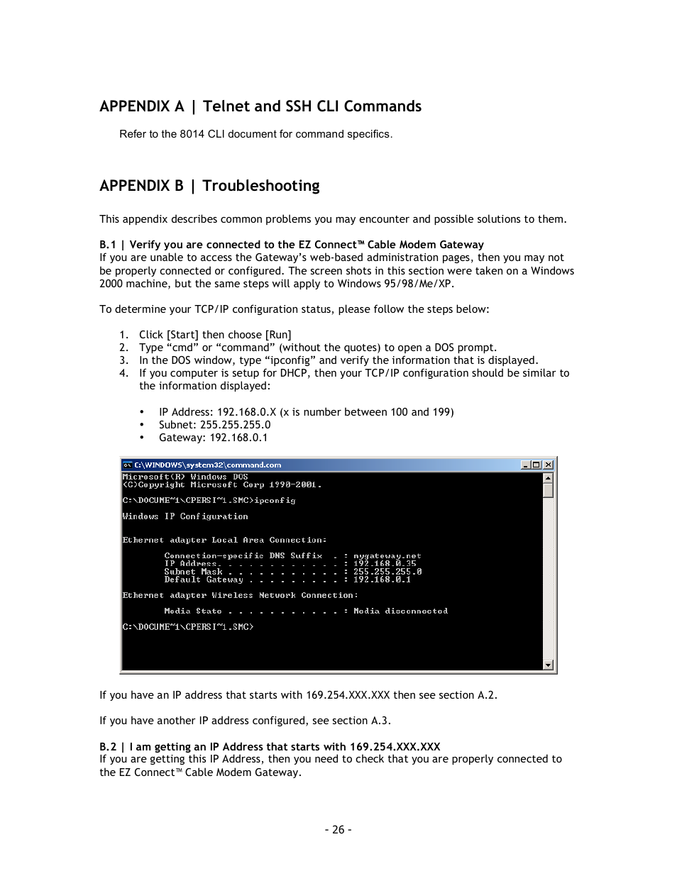 Appendix a | telnet and ssh cli commands, Appendix b | troubleshooting | SMC Networks SMC8014 User Manual | Page 26 / 34