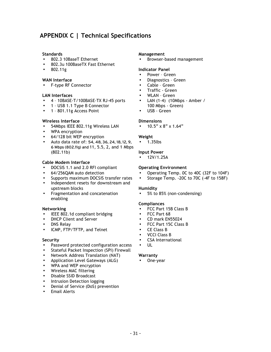 Appendix c | technical specifications | SMC Networks SMC8014 User Manual | Page 31 / 34