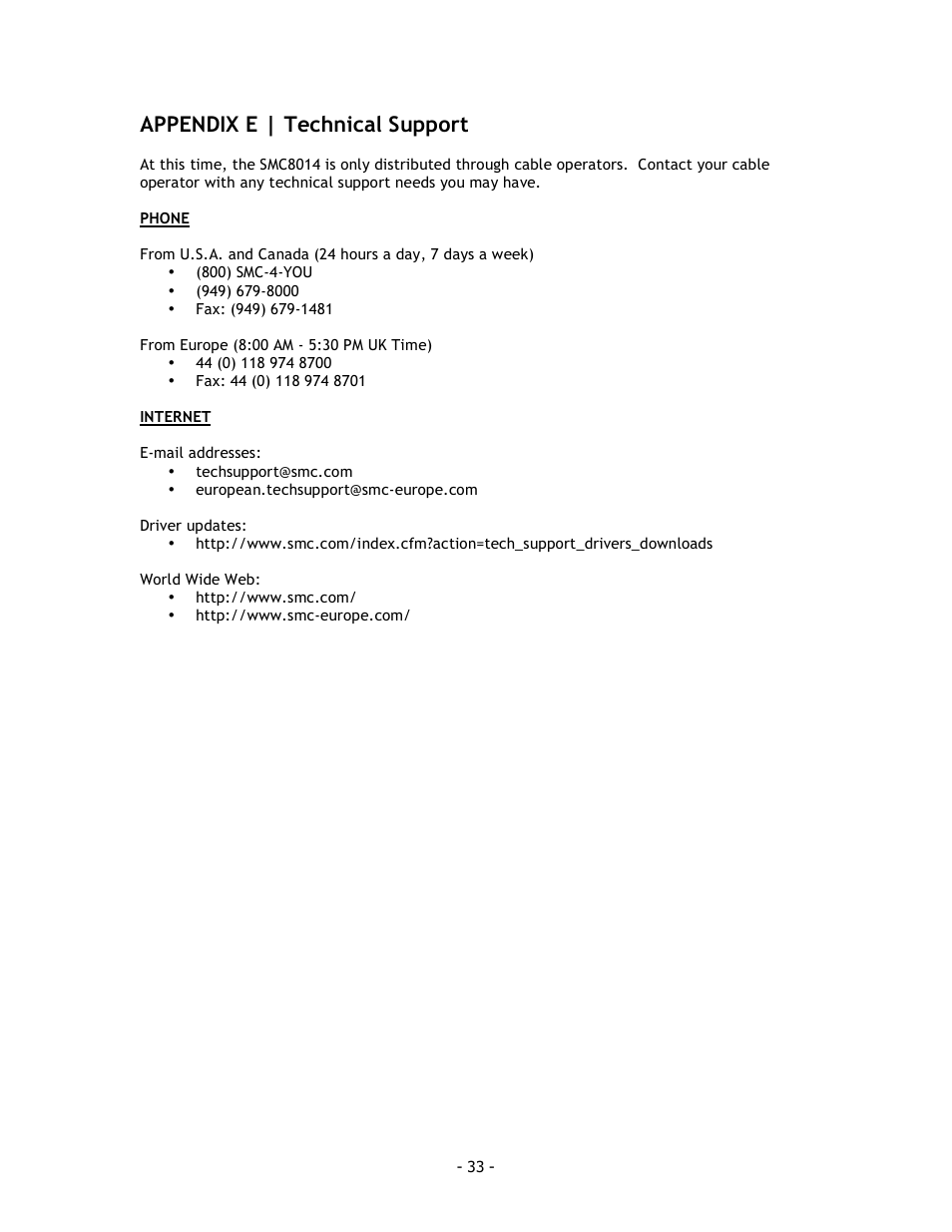 Appendix e | technical support | SMC Networks SMC8014 User Manual | Page 33 / 34