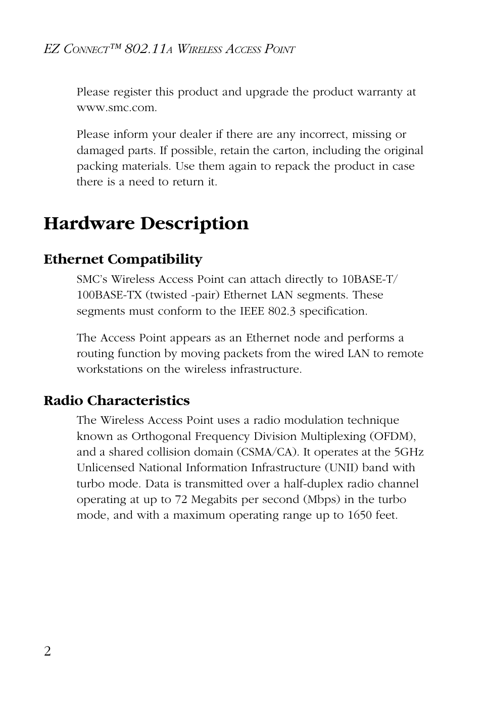 Hardware description, Ethernet compatibility, Radio characteristics | SMC Networks EZ CONNECT SMC2755W User Manual | Page 10 / 54