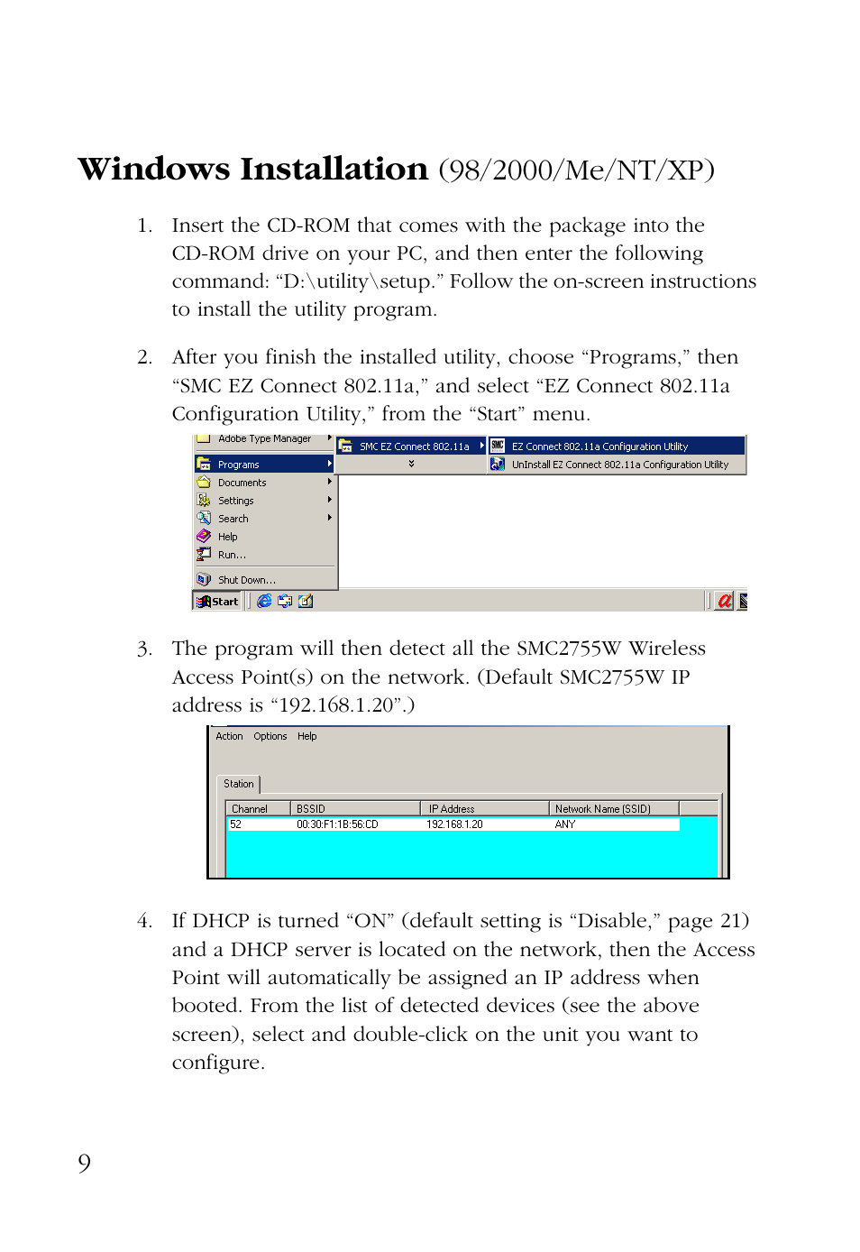 Windows installation (98/2000/me/nt/xp), Windows installation | SMC Networks EZ CONNECT SMC2755W User Manual | Page 17 / 54