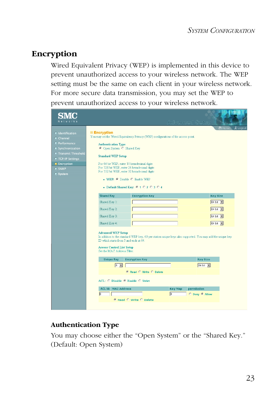 Encryption, Authentication type, 23 encryption | SMC Networks EZ CONNECT SMC2755W User Manual | Page 31 / 54