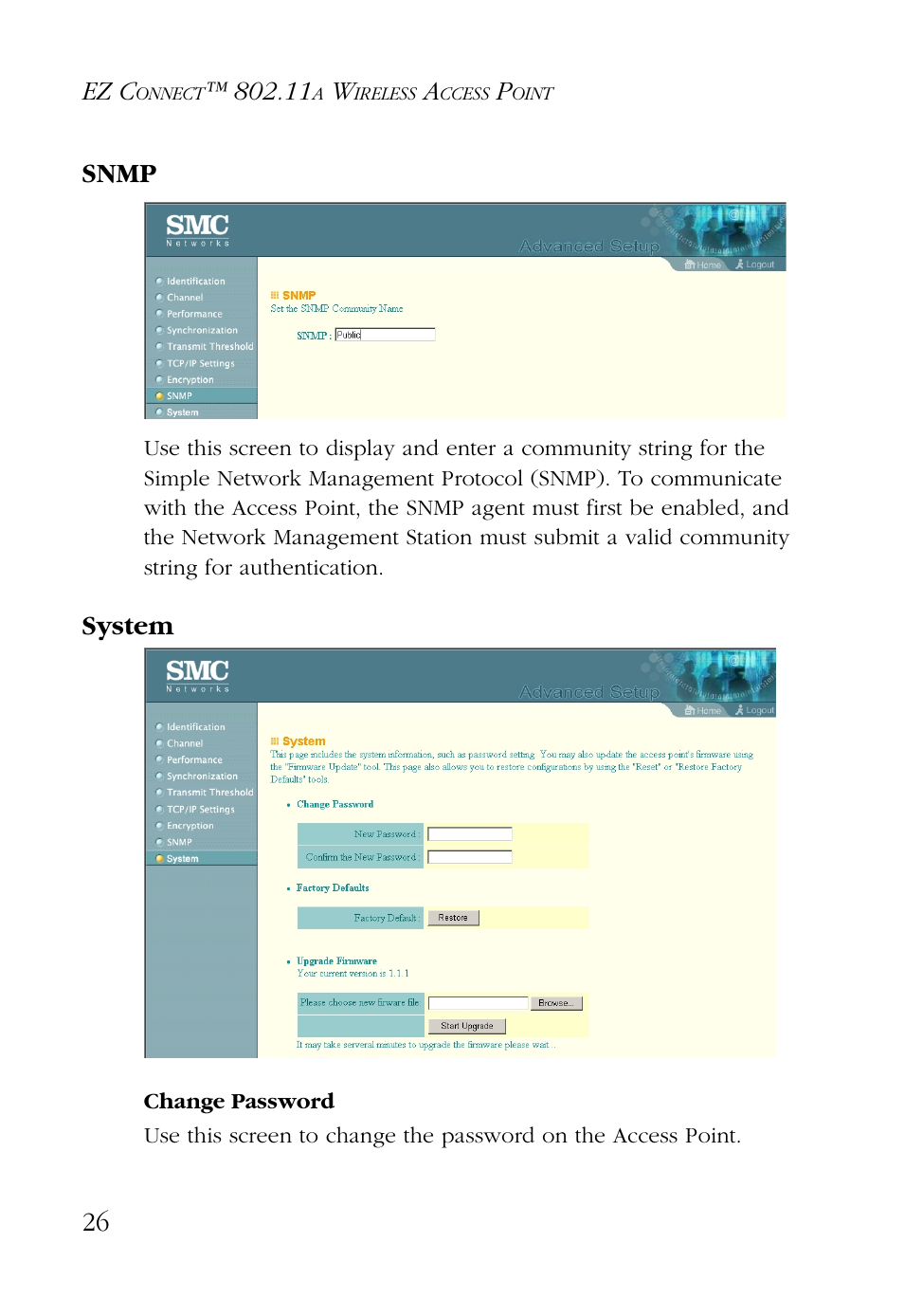 Snmp, System, Change password | SMC Networks EZ CONNECT SMC2755W User Manual | Page 34 / 54