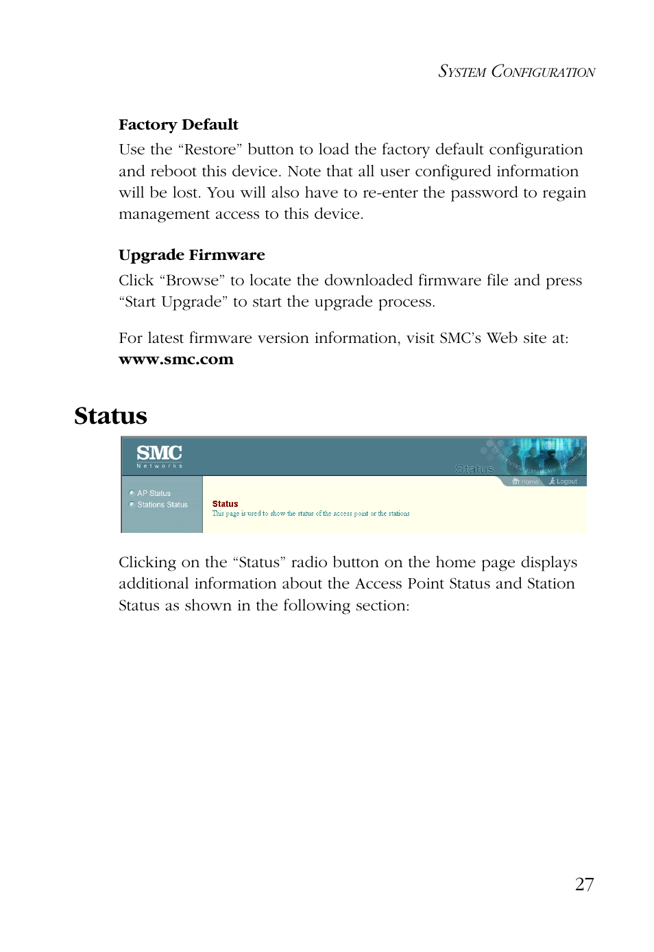 Factory default, Upgrade firmware, Status | SMC Networks EZ CONNECT SMC2755W User Manual | Page 35 / 54