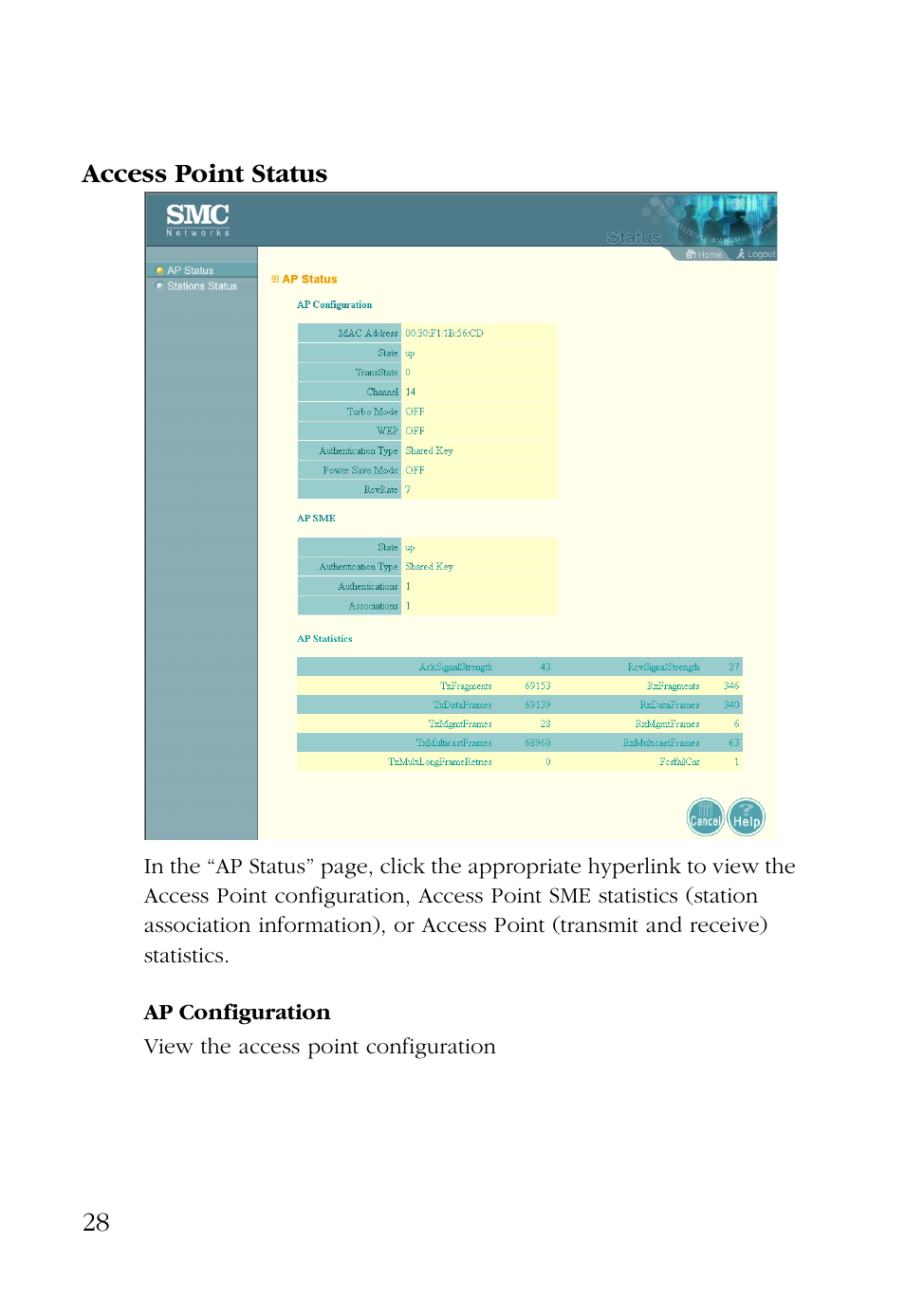 Access point status, Ap configuration | SMC Networks EZ CONNECT SMC2755W User Manual | Page 36 / 54