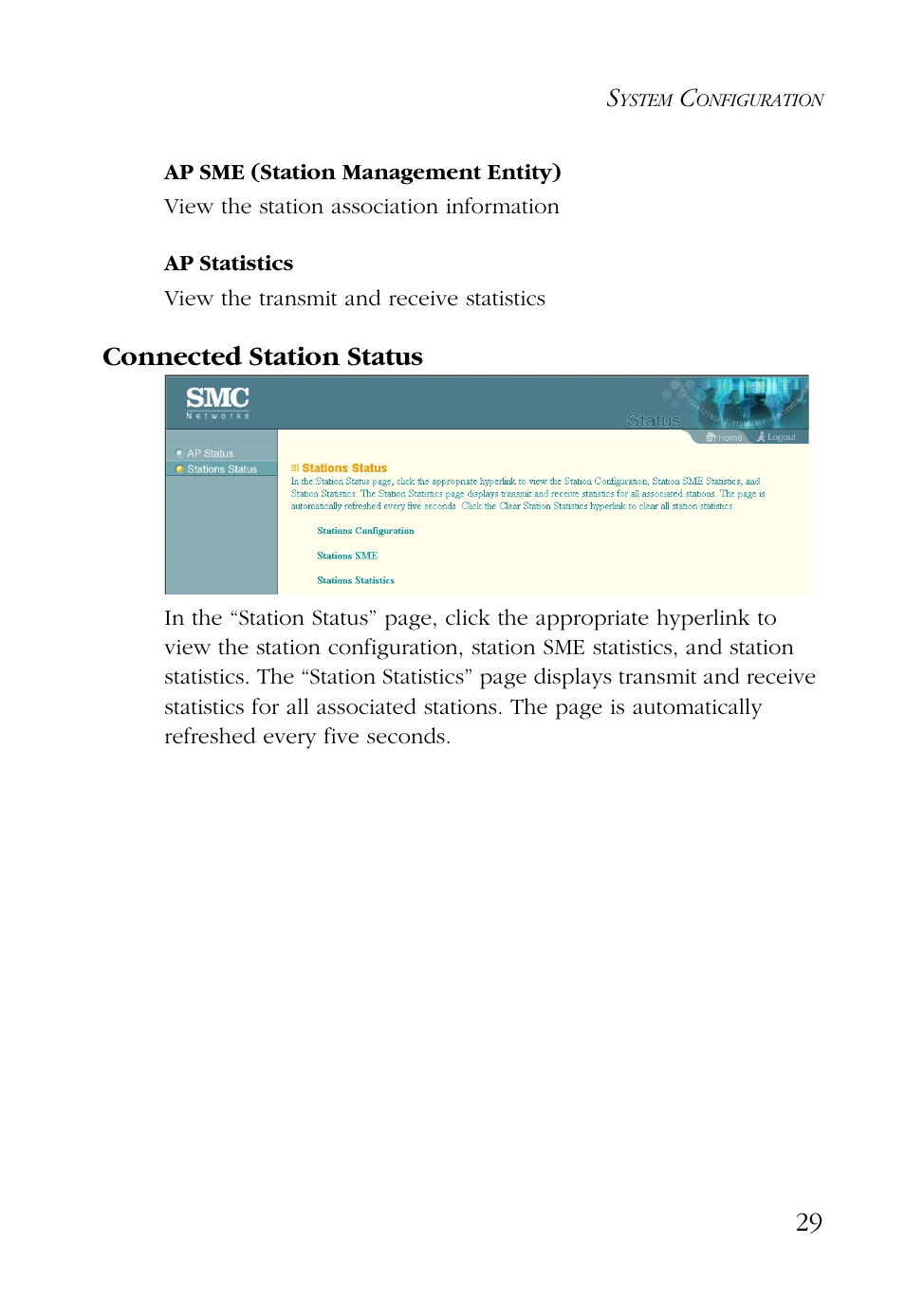Ap sme (station management entity), Ap statistics, Connected station status | SMC Networks EZ CONNECT SMC2755W User Manual | Page 37 / 54