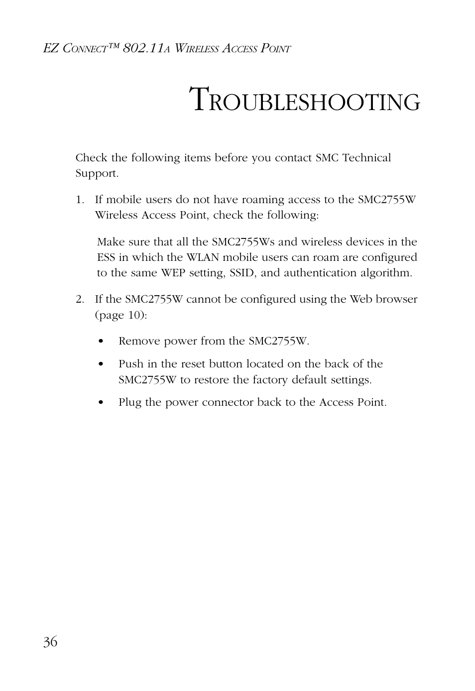 Troubleshooting, Roubleshooting | SMC Networks EZ CONNECT SMC2755W User Manual | Page 44 / 54
