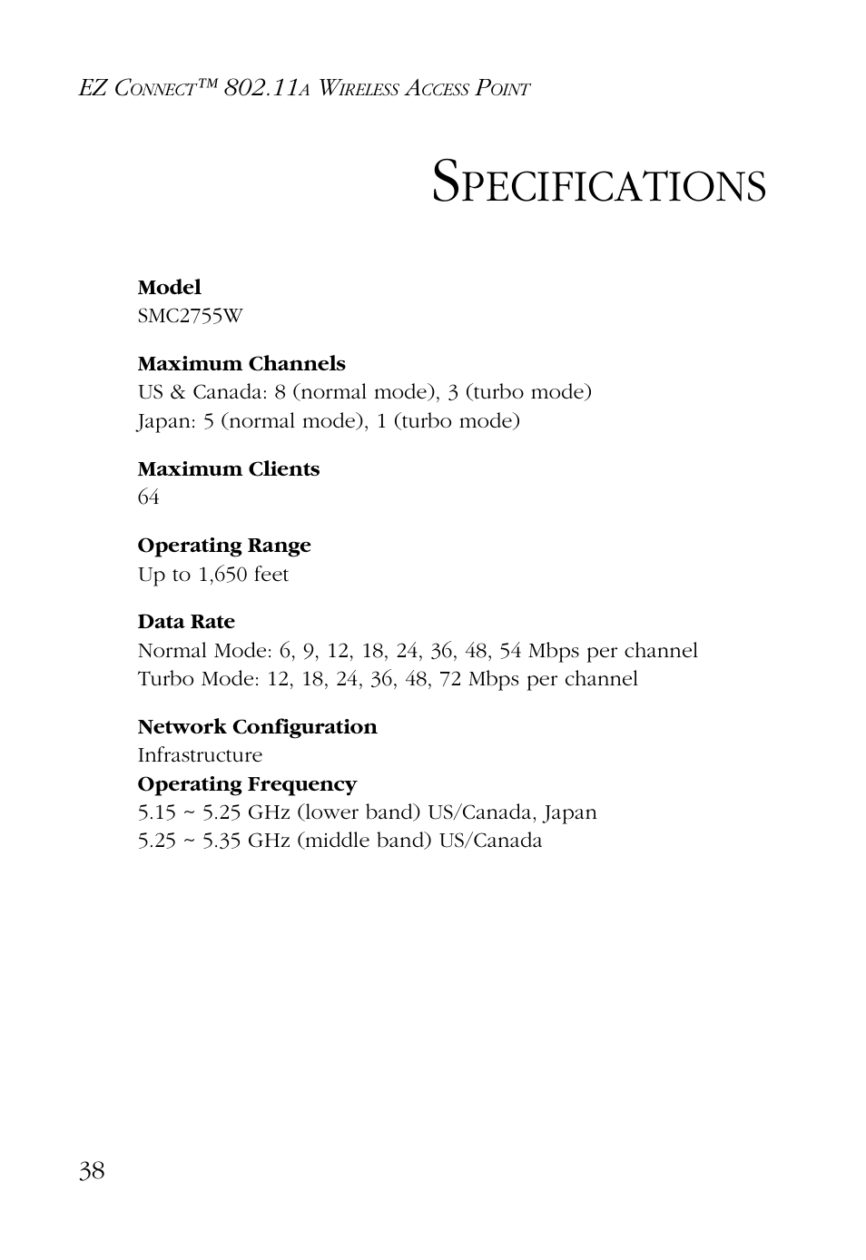 Specifications, Pecifications | SMC Networks EZ CONNECT SMC2755W User Manual | Page 46 / 54