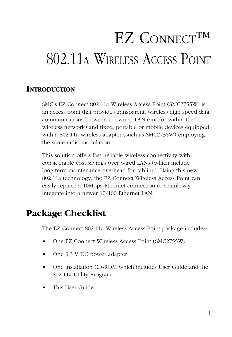 Ez connect™ 802.11a wireless access point, Introduction, Package checklist | Ez c, Onnect, Ireless, Ccess, Oint | SMC Networks EZ CONNECT SMC2755W User Manual | Page 9 / 54