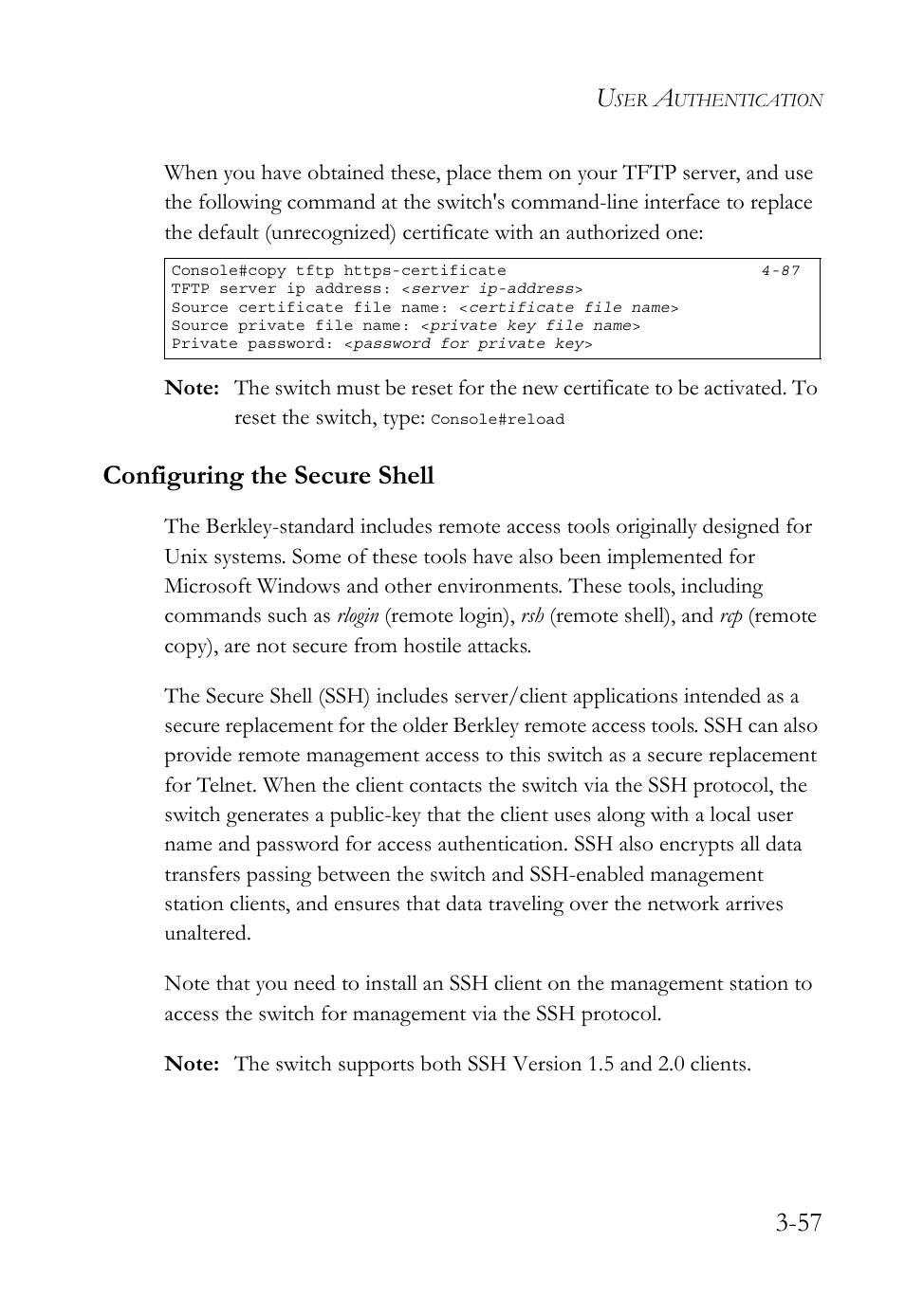 Configuring the secure shell, Configuring the secure shell -57, Ssh 3-57 | SMC Networks TIGERSWITCH SMC6752AL2 User Manual | Page 105 / 516
