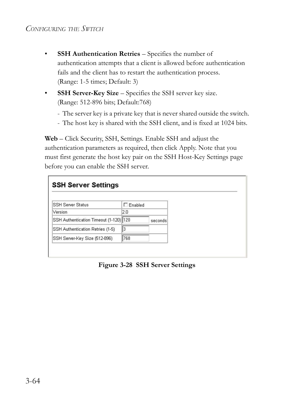 Figure 3-28 ssh server settings -64 | SMC Networks TIGERSWITCH SMC6752AL2 User Manual | Page 112 / 516