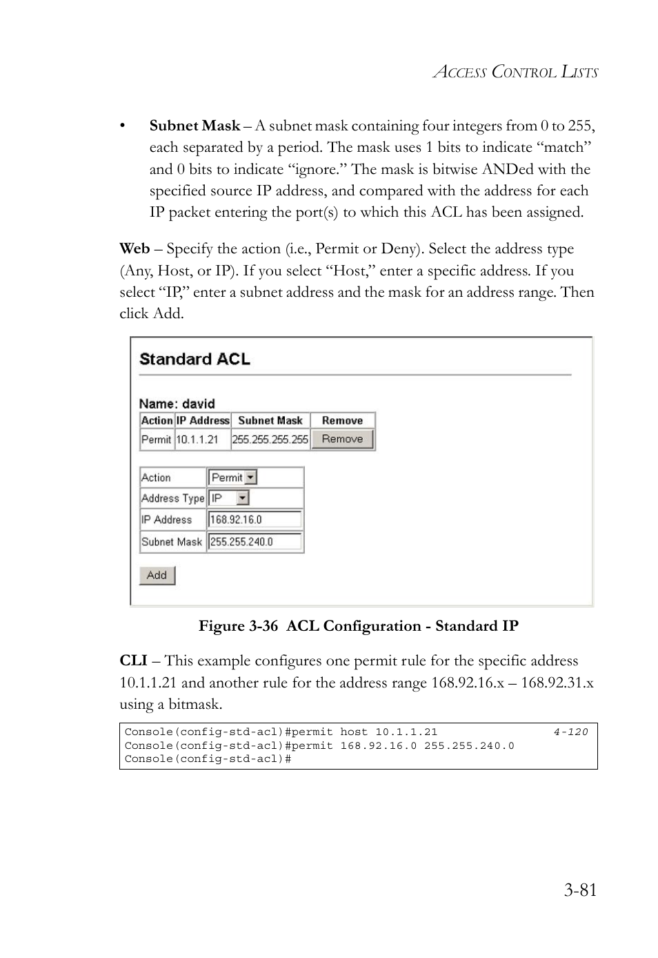 Figure 3-36 acl configuration - standard ip -81 | SMC Networks TIGERSWITCH SMC6752AL2 User Manual | Page 129 / 516