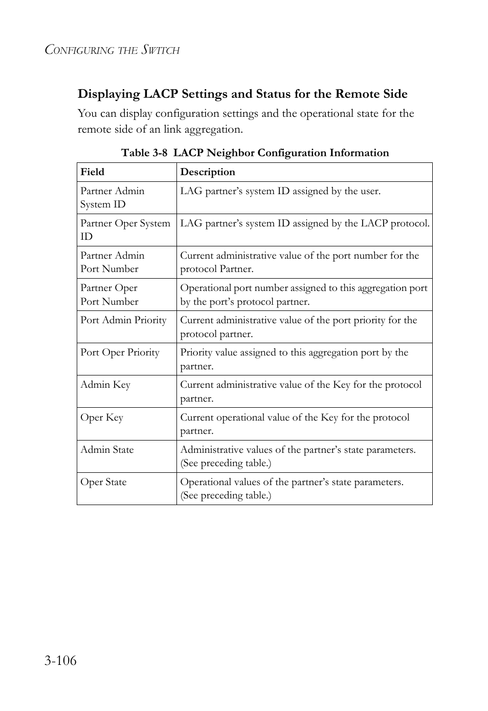 Table 3-8, Lacp neighbor configuration information -106 | SMC Networks TIGERSWITCH SMC6752AL2 User Manual | Page 154 / 516