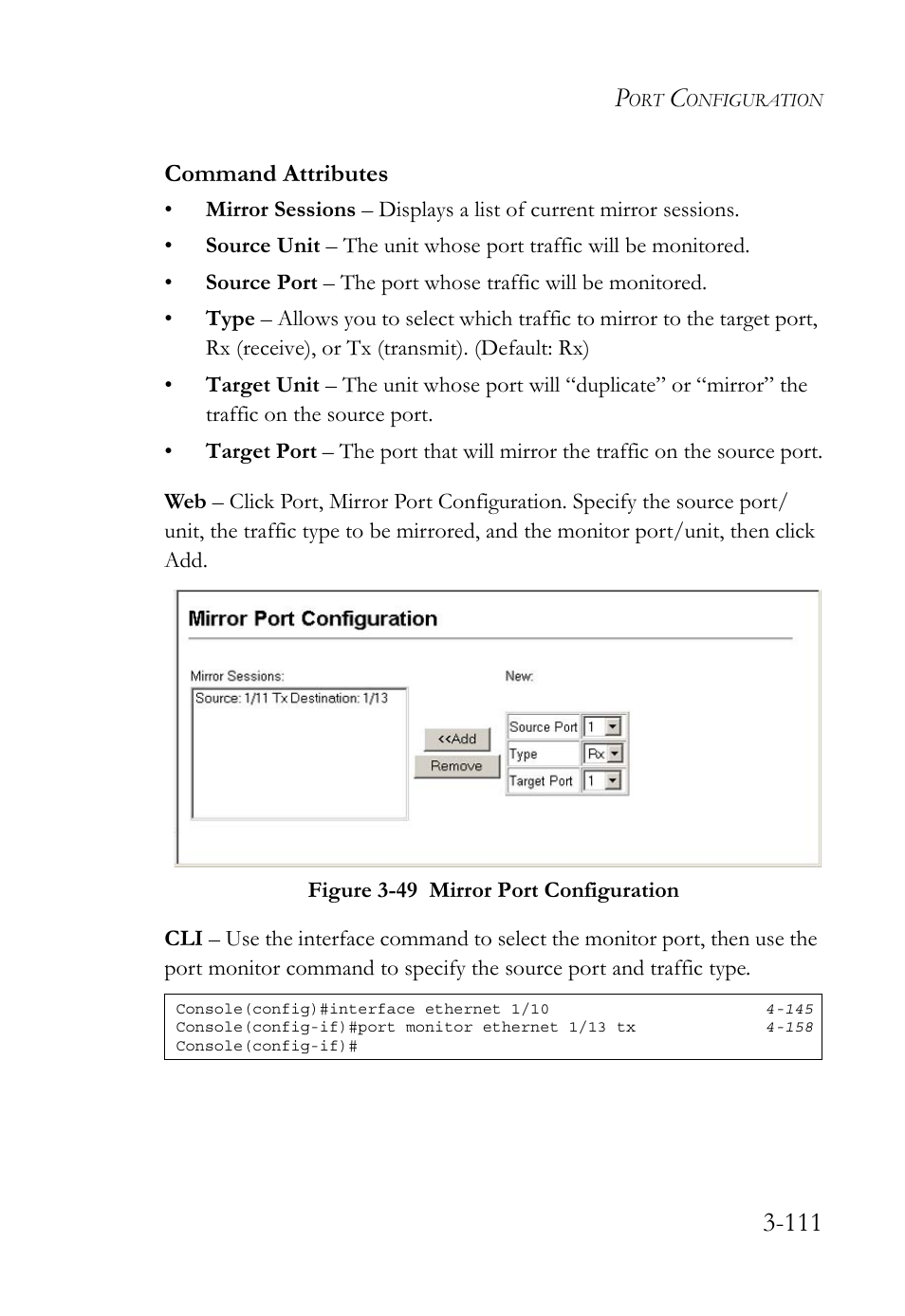 Figure 3-49 mirror port configuration -111, Command attributes | SMC Networks TIGERSWITCH SMC6752AL2 User Manual | Page 159 / 516