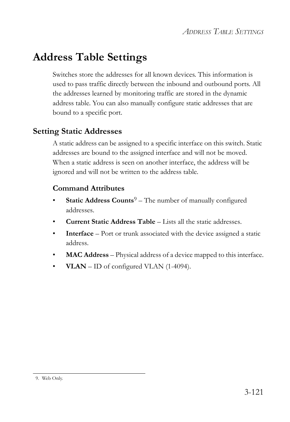 Address table settings, Setting static addresses, Address table settings -122 | Setting static addresses -122 | SMC Networks TIGERSWITCH SMC6752AL2 User Manual | Page 169 / 516