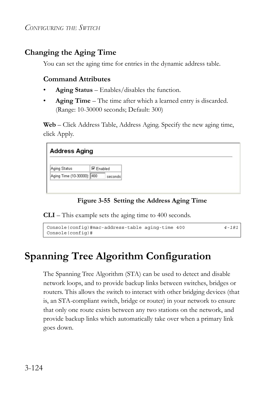 Changing the aging time, Spanning tree algorithm configuration, Changing the aging time -125 | Spanning tree algorithm configuration -125, Figure 3-55 setting the address aging time -124, 124 changing the aging time | SMC Networks TIGERSWITCH SMC6752AL2 User Manual | Page 172 / 516